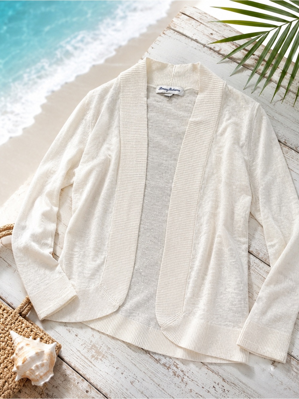 Tommy Bahama 100% Linen Open Front Cardigan XS Ivory Coastal Layer